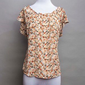 LC Pleated Scoop Neck Top Beige Floral pattern Size XL